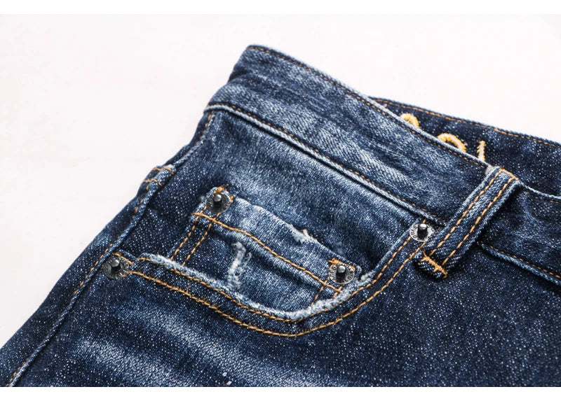 Latest designer fashion new men's jeans, washed, vintage painted embroidery, stretchy slim fit hombre