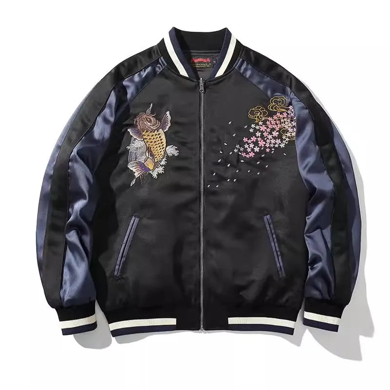Red Black Cherry Blossoms Sakura Carp Embroidered Original Yokosuka Sukajan Souvenir Jackets