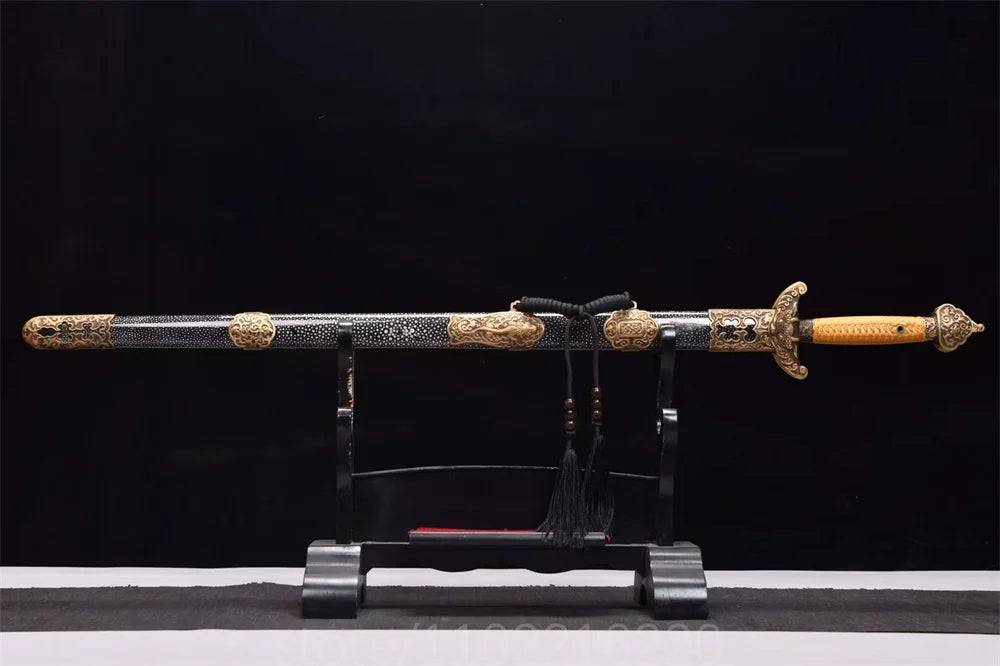Real Kungfu Battle Sword Damascus Steel Blade Sword Chinese Qing Dynasty Jian Room Decoration Copper Parts Wrap Rayskin Sheath