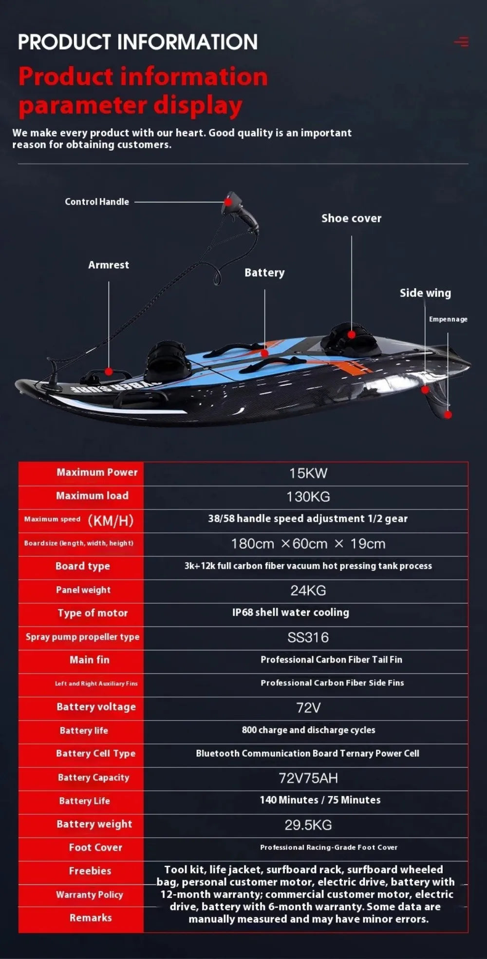 Carbon Fibre Powered Water Float Board Electric Surfboard Special Skateboard Electric Surfboard 15 KW Professional Carbon Fibre