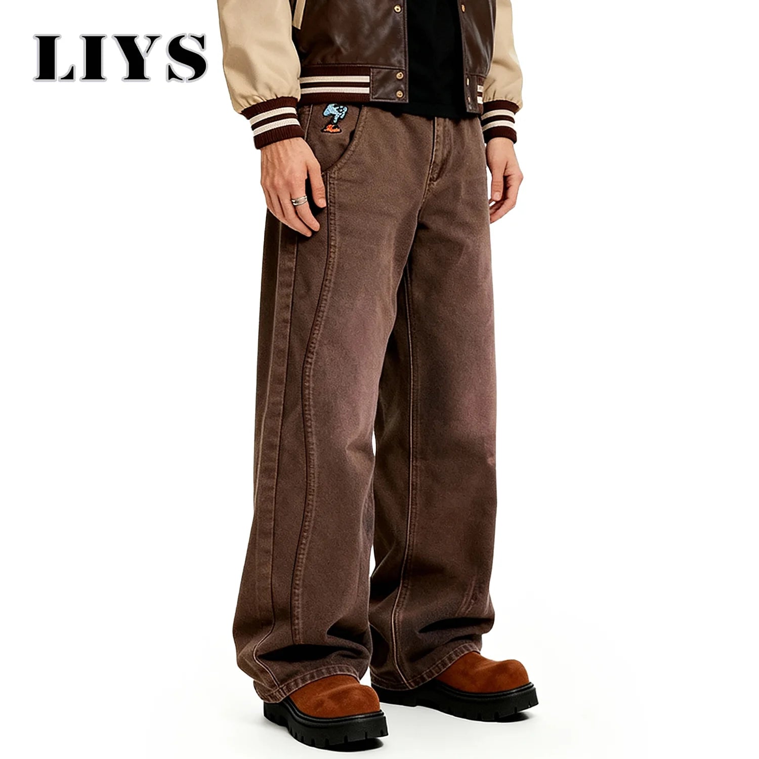 American Retro Men's Brown Casual Baggy Wide Leg Jeans Korean Cartoon Elephant Embroidery Loose Wide Leg Denim Pants Unisex