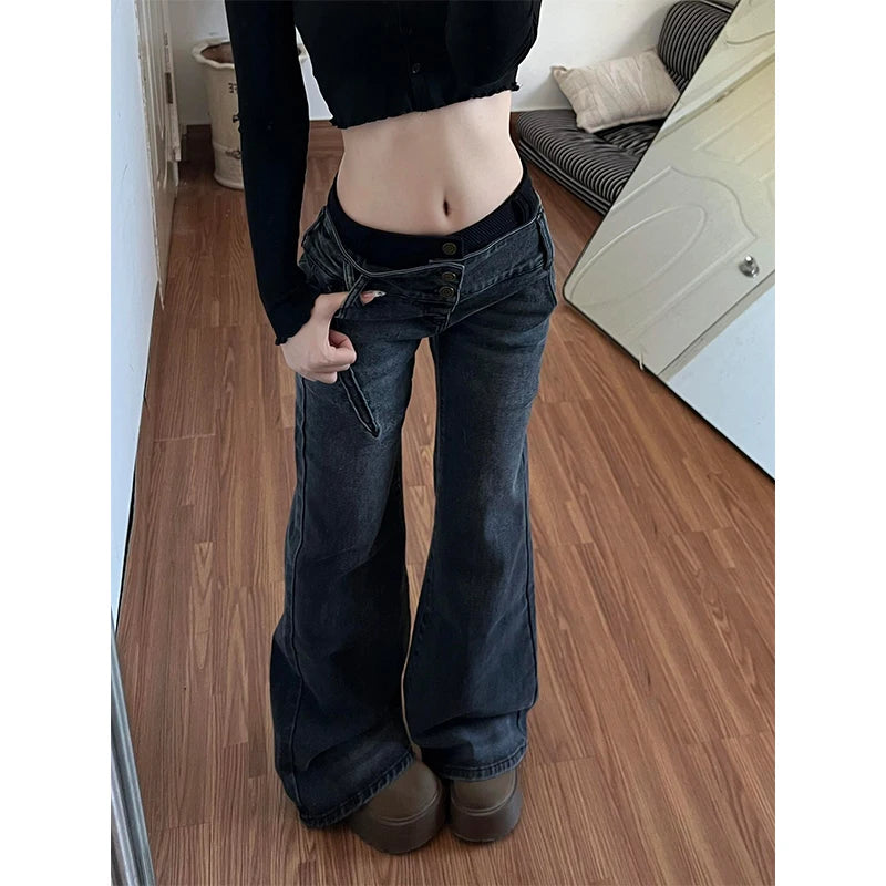 American Retro Low Waisted Jeans for Women's New Style Loose and Personalized Spicy Girl Design Washed Micro Flared Pants