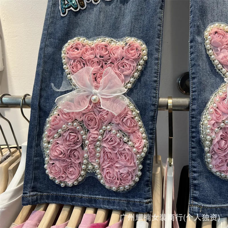 American Style Heavy Beaded Letter Cartoon Anime Elastic Waist Wide Leg Jeans Versatile Casual Full Length Trousers For Women