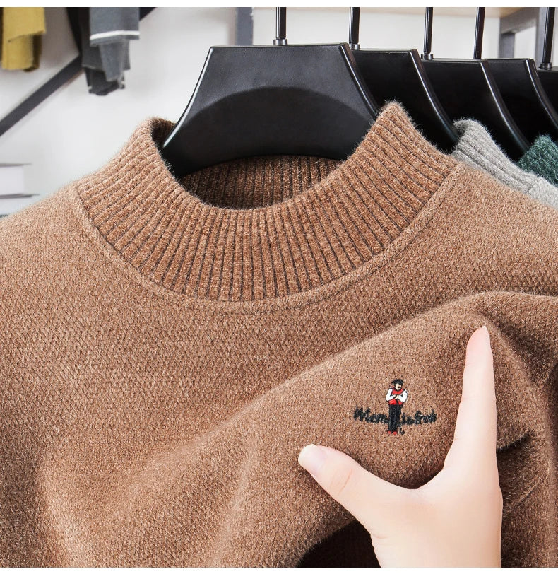 Light luxury brand round neck sweater knitted plush thicken warm pullover cartoon character embroidery fashion golf men's wear