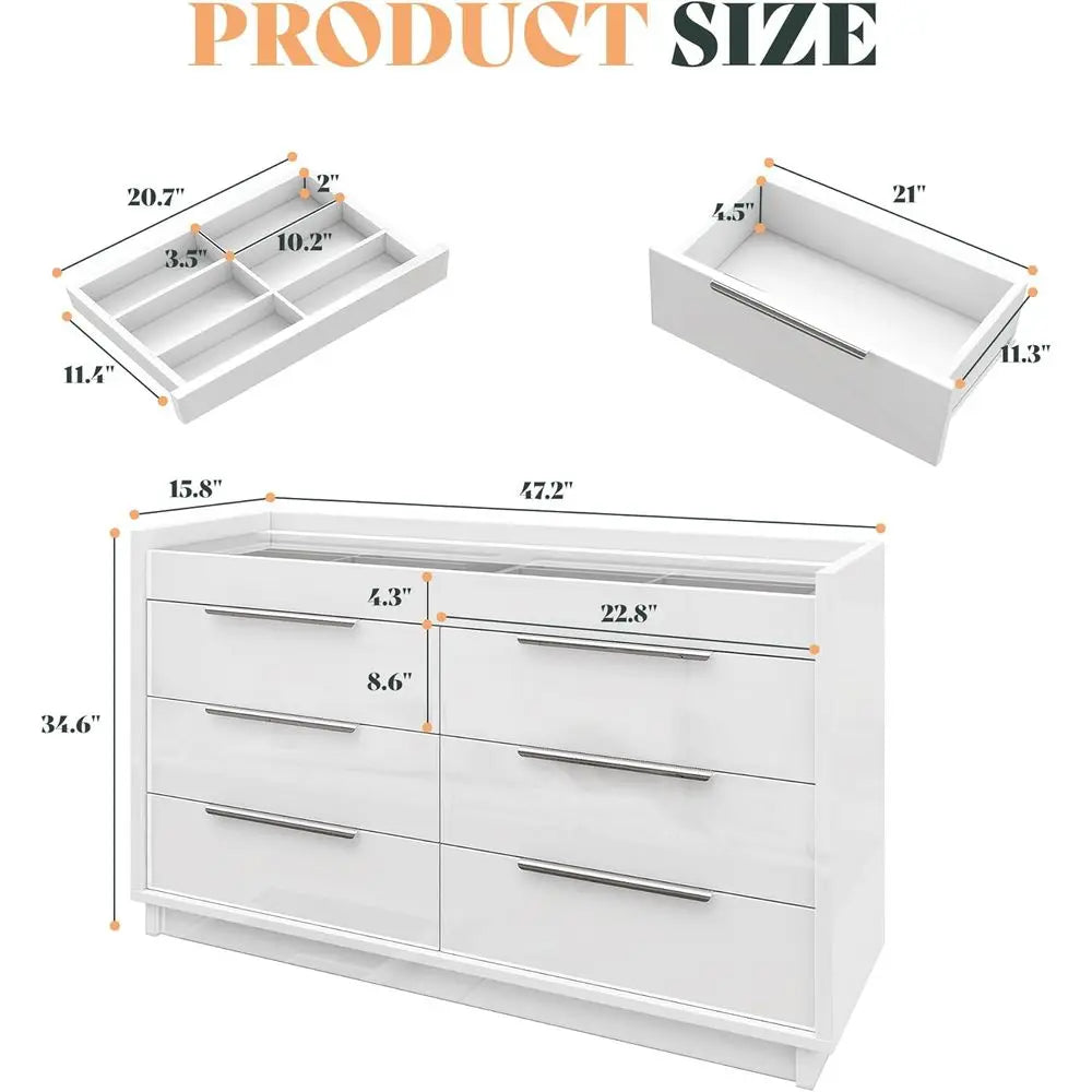 3-Piece High Gloss White Bedroom Set with LED Dresser, 8-Drawer Storage, 2 Charging Nightstands