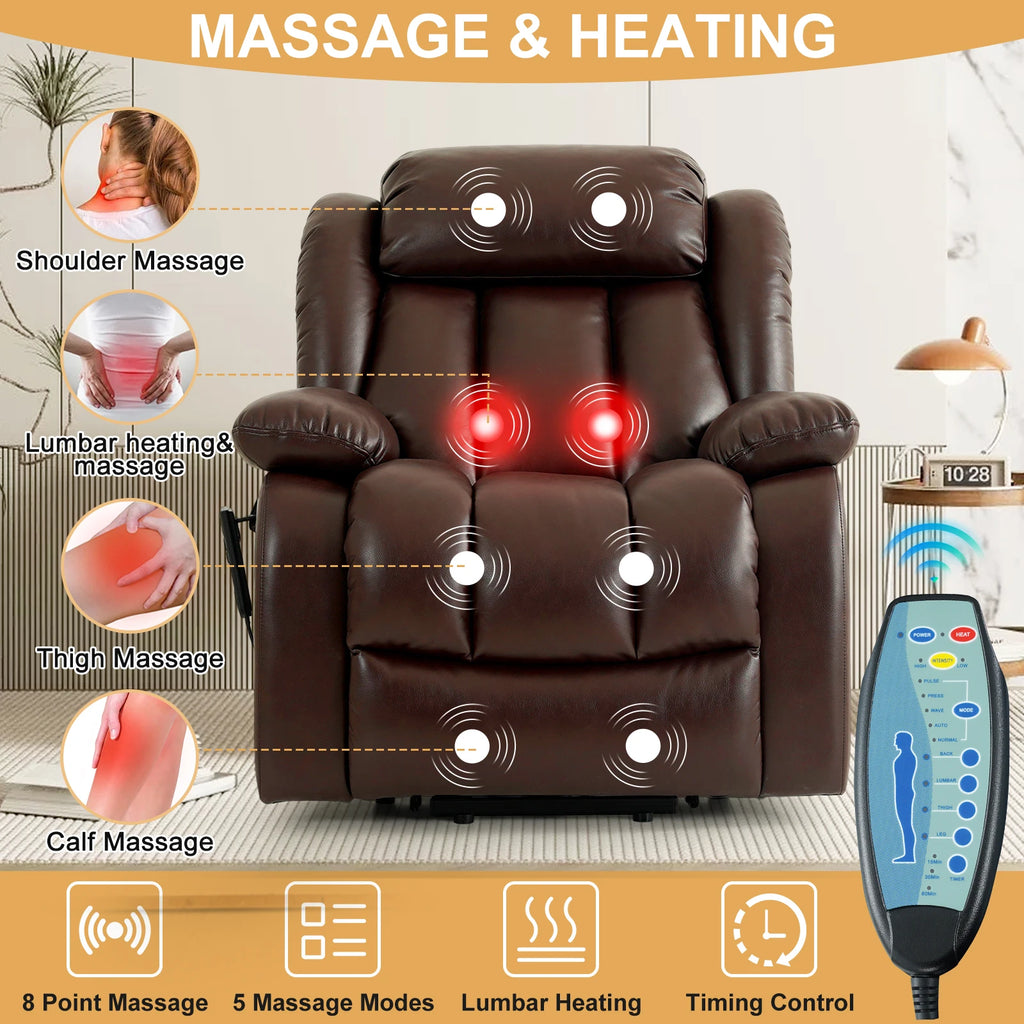 Power Lift Recliner Dual Motor, Electric Leather Chair for Elderly with Heat and Massage, Lay Flat Recliner with Storage