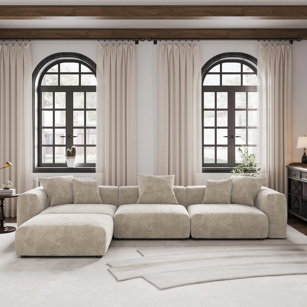 Sdorens 141.73'' L Shape Sectional Sofa Corduroy Fabric Couches Oversized 3 Seater Couch with 1 Ottomans for Living Room Set