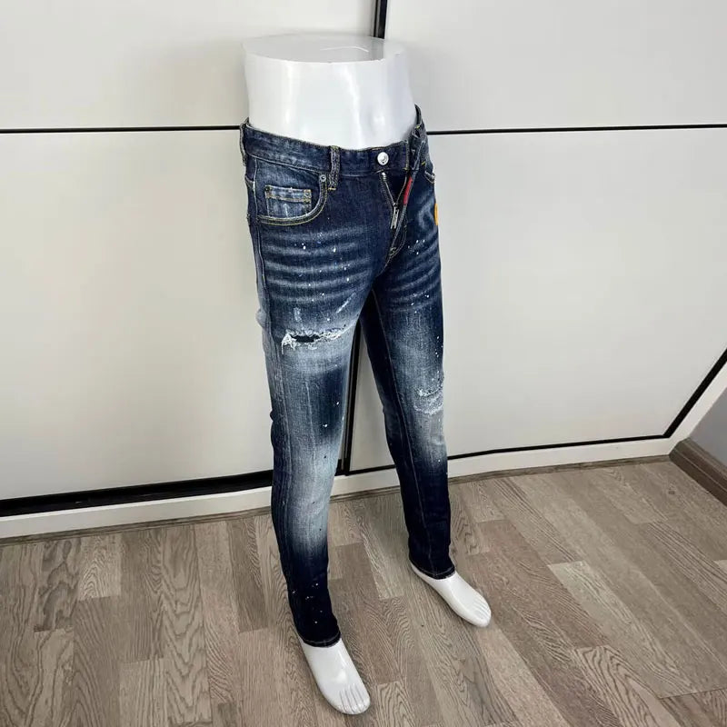 Latest designer fashion new men's jeans, washed, vintage painted embroidery, stretchy slim fit hombre