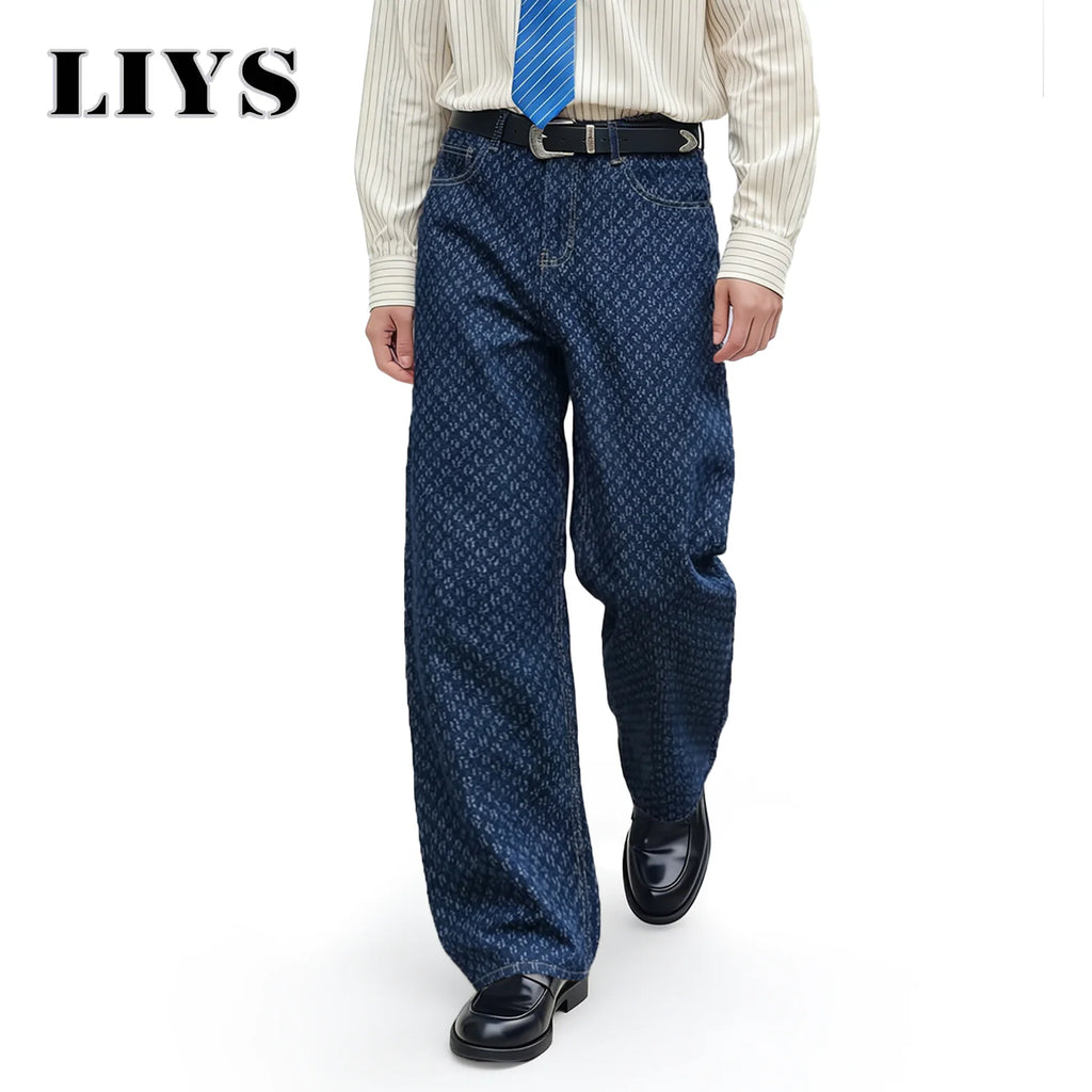 LIYS Trendy Japanese-Korean Jacquard Blue Baggy Straight Leg Jeans American Retro Daily Casual  Wide-leg Denim Pants Unisex