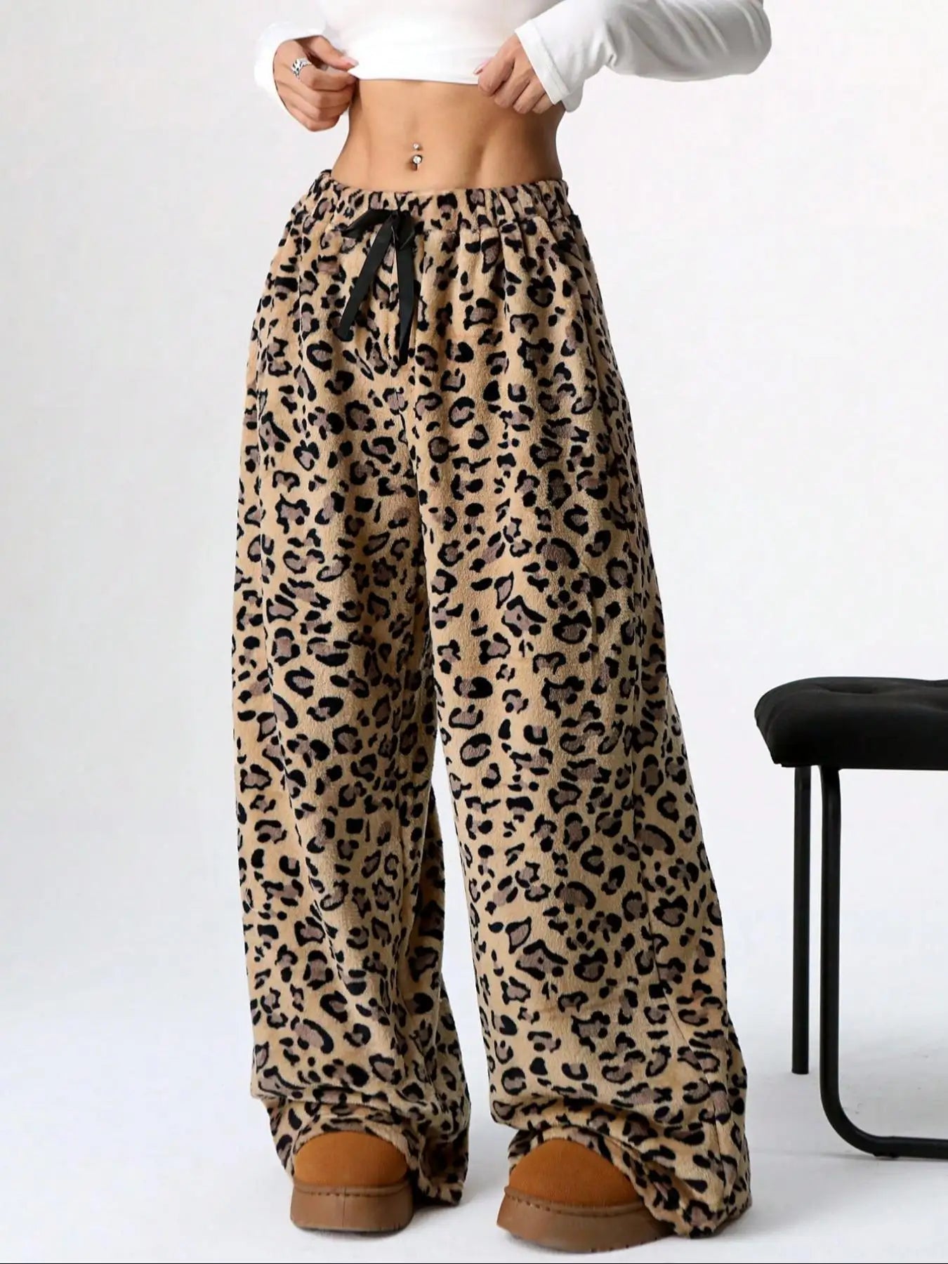 Women Casual Trousers Elastic Waistband Drawstring Tie Pajama Bottoms Leopard Print Wide Leg Lounge Pants