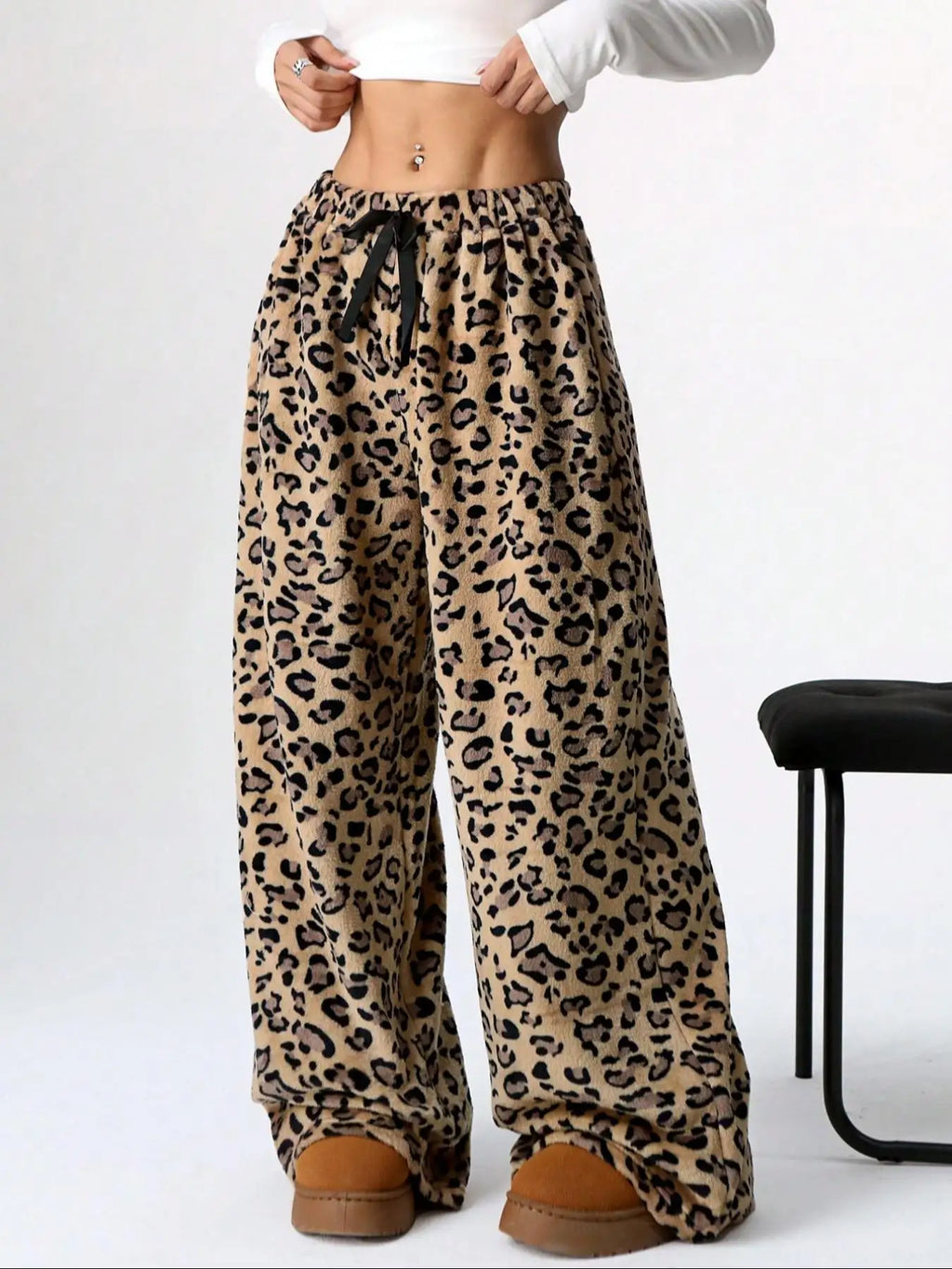 Women Casual Trousers Elastic Waistband Drawstring Tie Pajama Bottoms Leopard Print Wide Leg Lounge Pants
