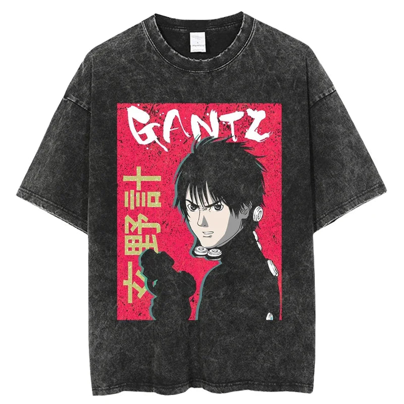 Punk GANTZ Anime T Shirt Men Vintage Washed 100% Cotton T Shirts for Men 2024 Punk Hip Hop Streetwear Harajuku Male T-shirt