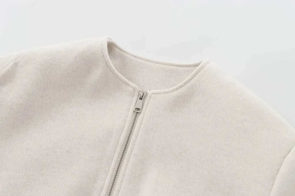 HXAO Outerwears Cropped Bomber Jacket Women Autumn Long Sleeve Faux Wool Coats For Woman Winter Zip Up Gray Beige Short Coats
