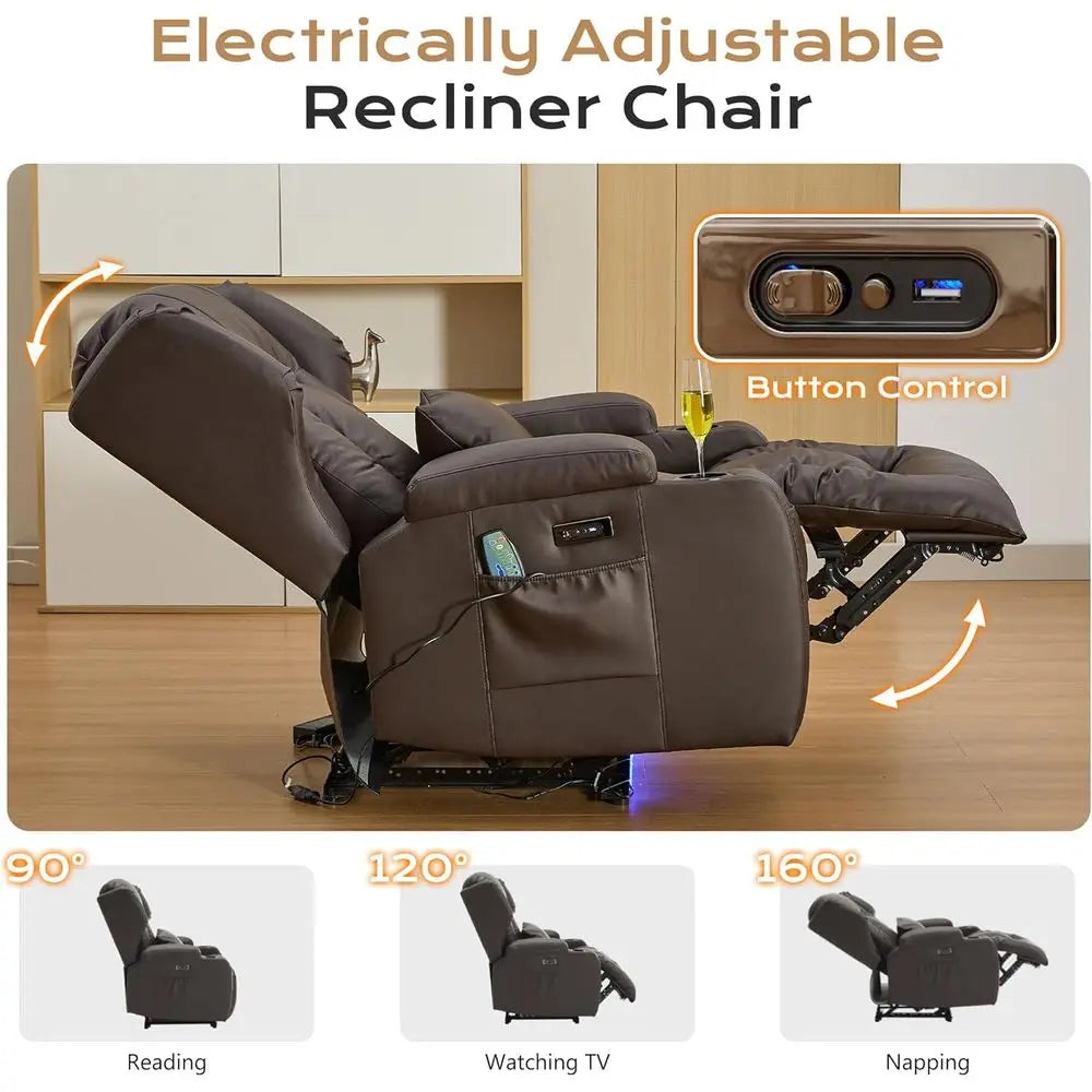Brown Leather Power Reclining Sofa with Massage, Heat, LED Lights, USB Ports, Cup Holders & Side Pockets