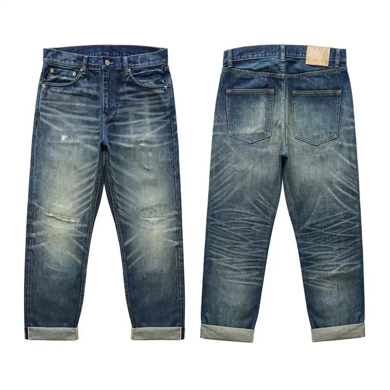 Sauce zhan Bamboo shaped yarn Mens Jeans Selvedge Denim Jeans Distressed Wash jeans for men Straight Fit 14 Oz