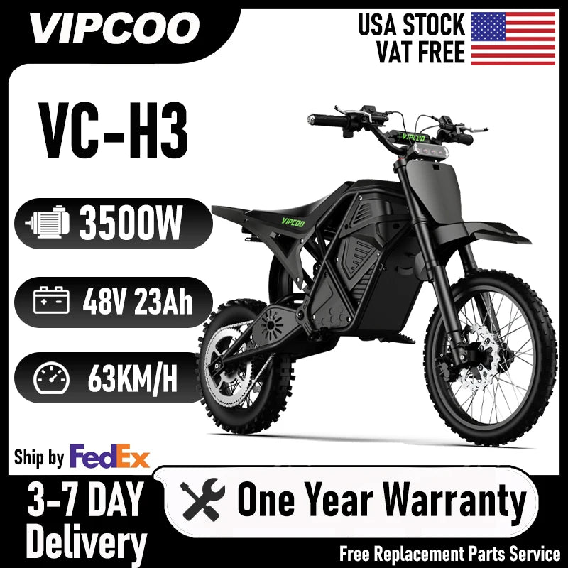Electric Dirt Bike VIPCOO H3 3500W 48V23AH Electric Motorcycle Fat Tire Nitrogen Suspension E Dirt Bike for Teens and Adults