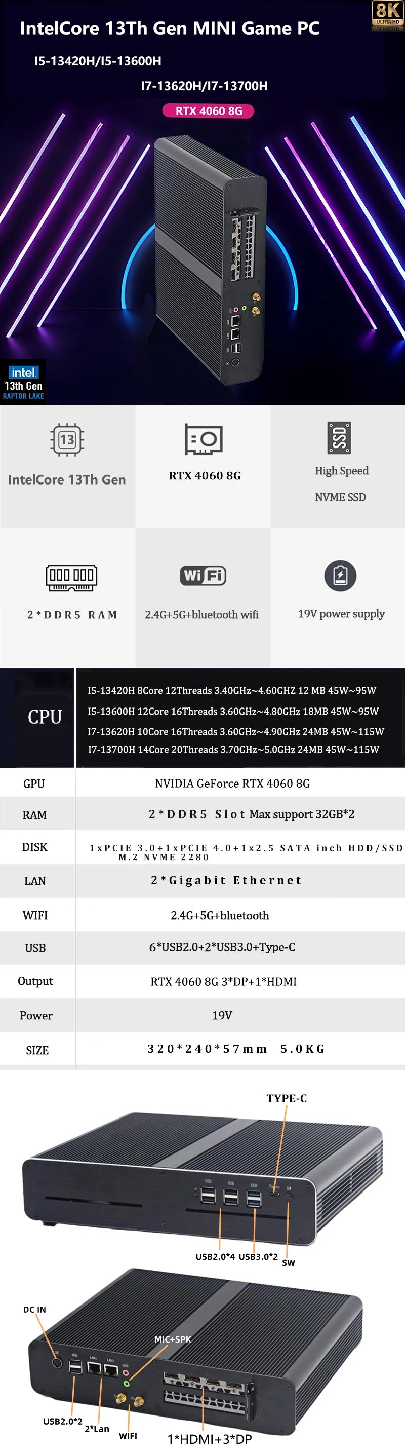 Aittact 13Th Gen Gaming Mini PC Intel Core i5-13600H/i7-13700H With GPU Nvidia RTX 4060 8G Windows 11 DDR5 RAM 1*HDMI+3*DP