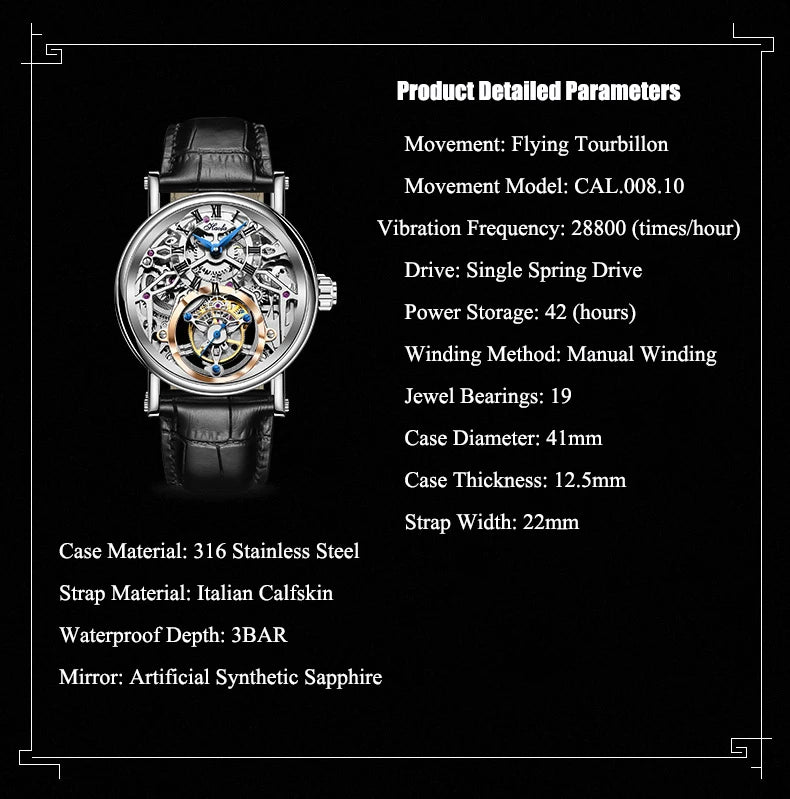 Haofa Tourbillon Watch for Men CNC Classical Texture Engraving Sapphire Manual Skeleton Movement Mechancial Watch Business 1602