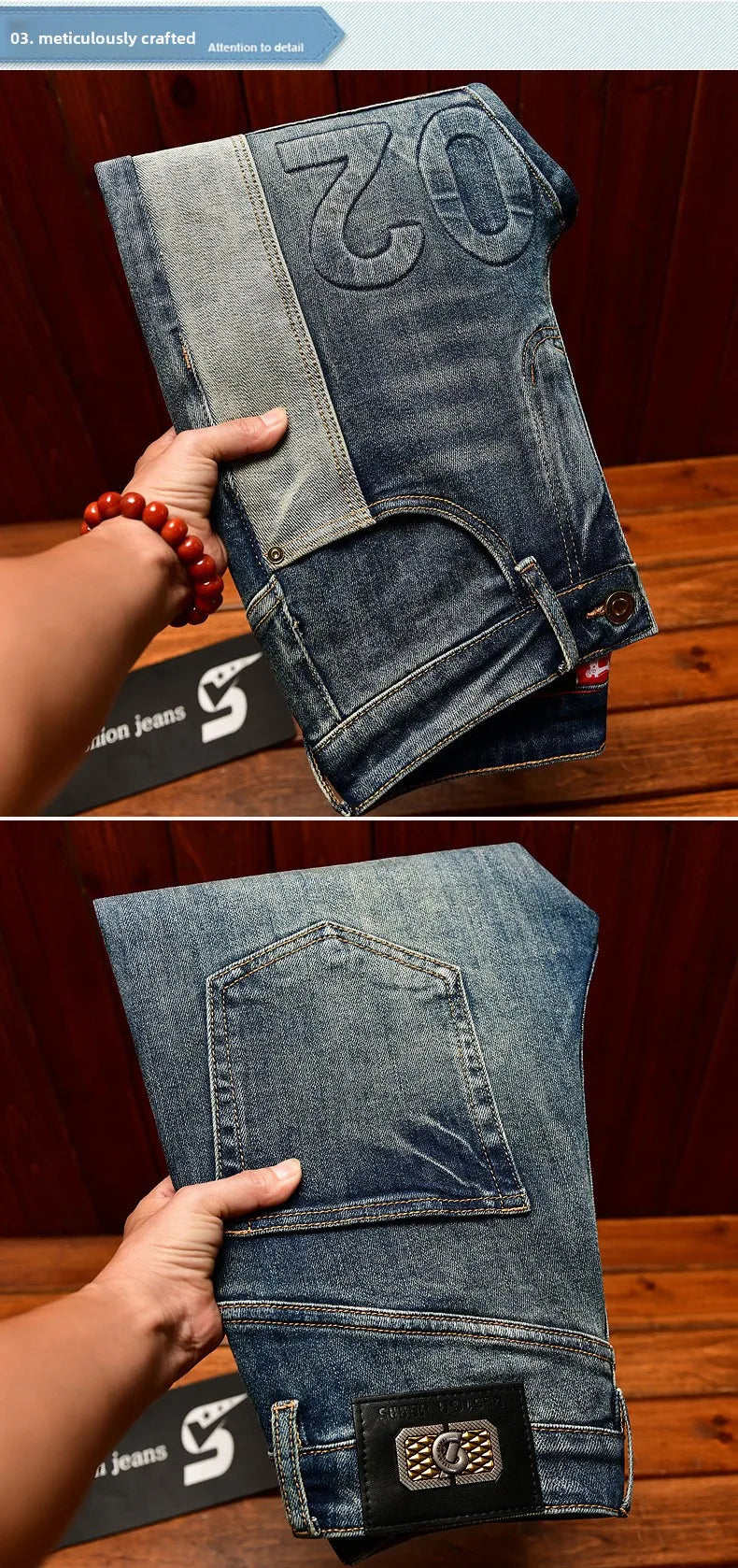 Fashionable high-end jeans for men, slim fit, small feet, washed retro patchwork design, trendy and luxurious men's pants