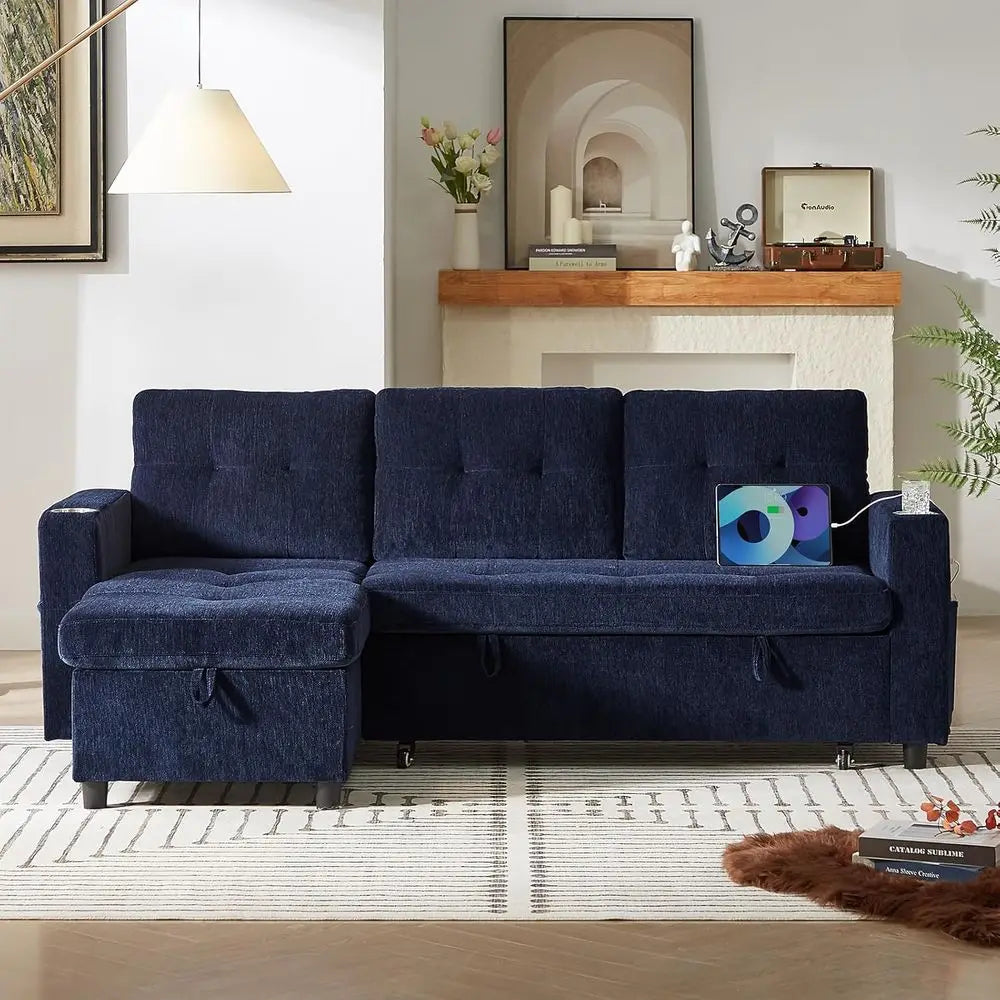 Pull-Out Chaise Sofa Bed with Storage, L-Shaped Cloud Couch, Sectional Living Room Furniture, Tool-Free Assembly, Chenille Fabri
