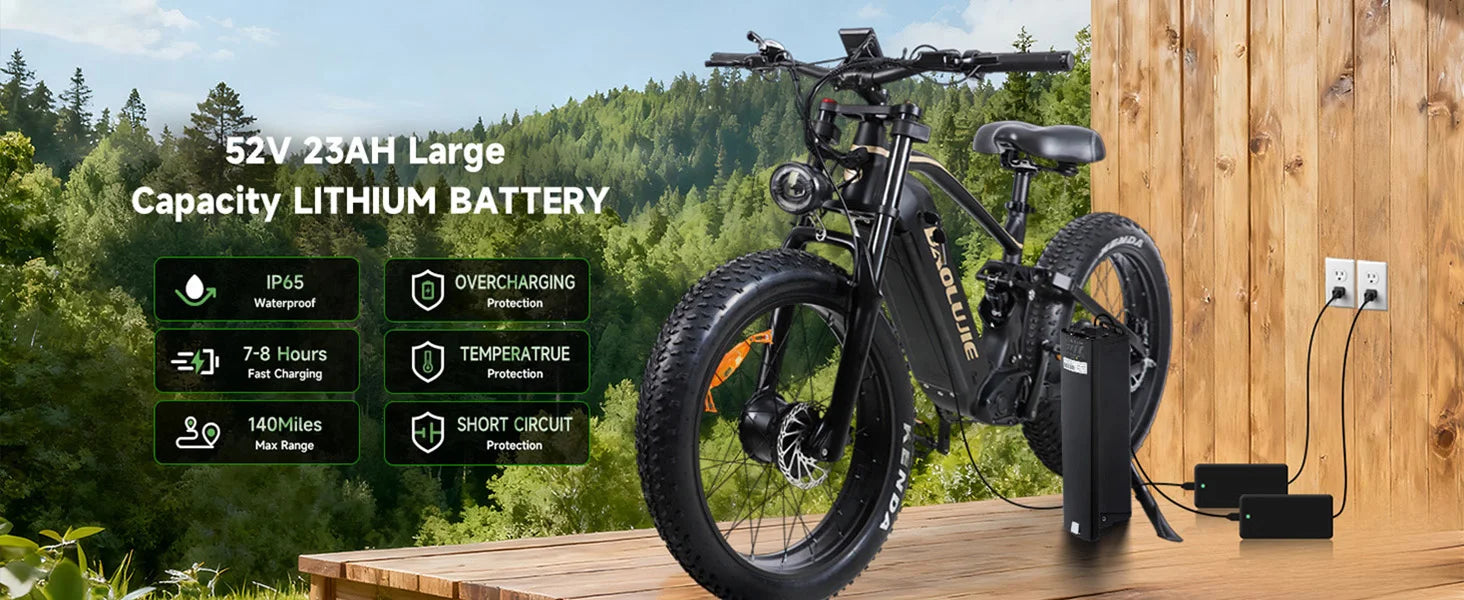 BAOLUJIE Peak 5000W Electric Bicycle Motor Electric Bike 26*4 Inches Tire Mountain E-bike 52V 23Ah Battery 36MPH Full Suspension