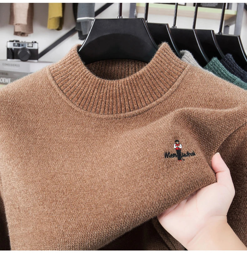 Light luxury brand round neck sweater knitted plush thicken warm pullover cartoon character embroidery fashion golf men's wear