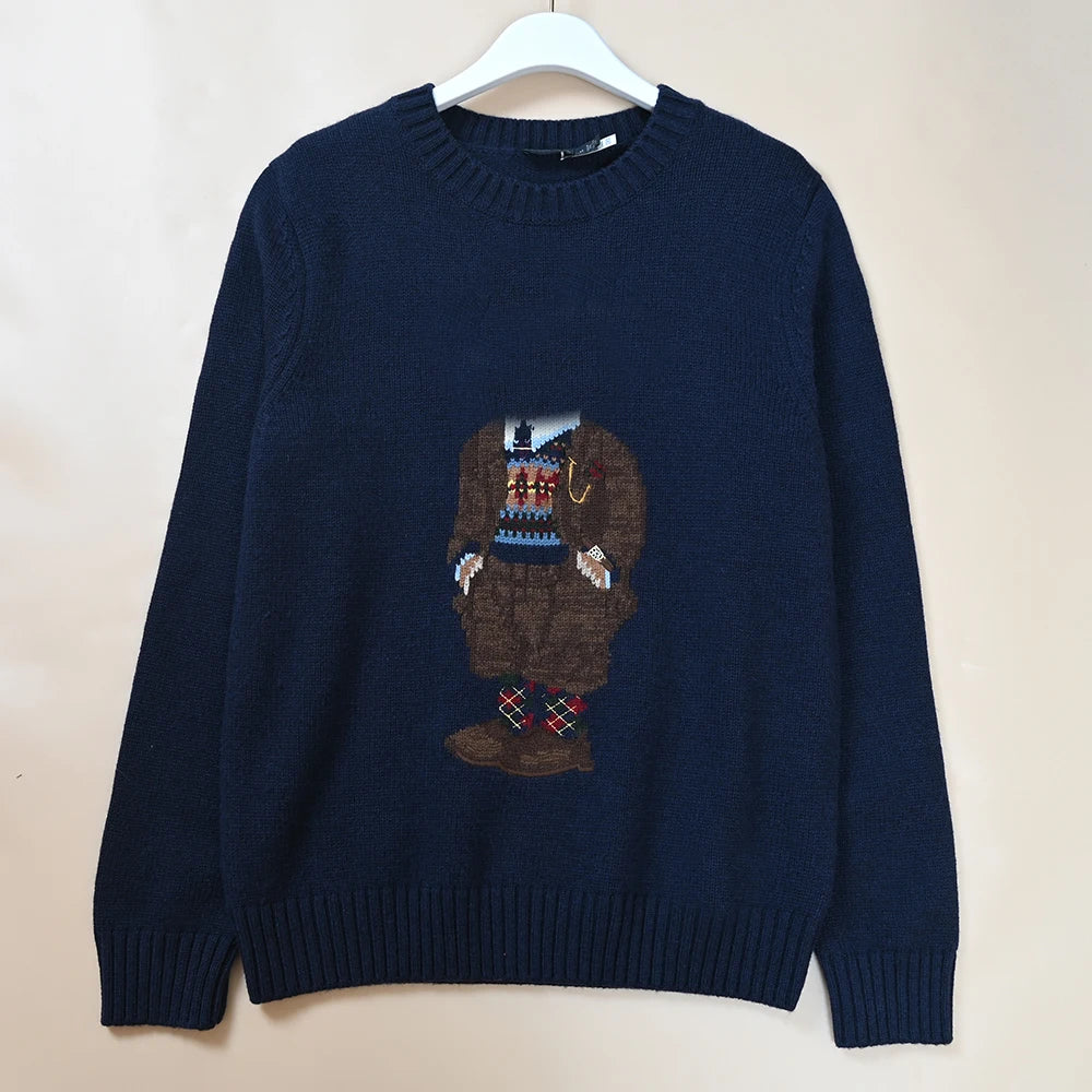 Autumn Winter Men's Knitted Sweater Heavy Embroidery Cartoon Pattern round Neck College Style Ageless Versatile Long Sleeve Top