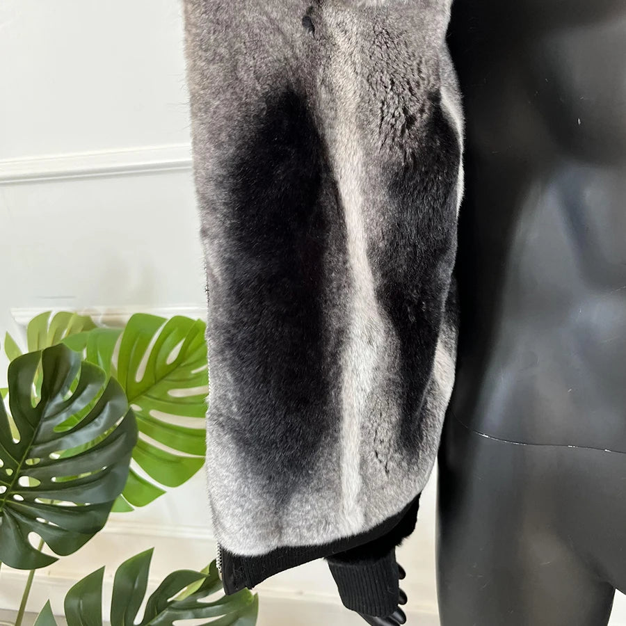 Men Rabbit Fur Coat Winter Short Real Rex Rabbit Fur Jacket With Hood Black Fur Coats Chinchilla Fur