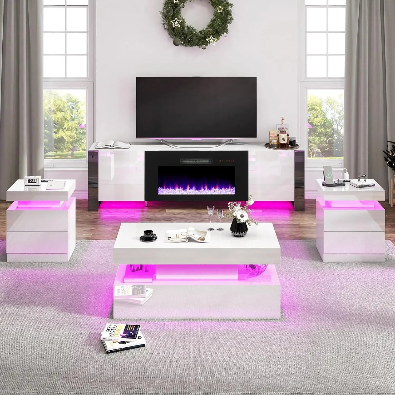 80" Fireplace TV Stand High Gloss 4-Piece Living Room Table Set LED Coffee End Table White Customized