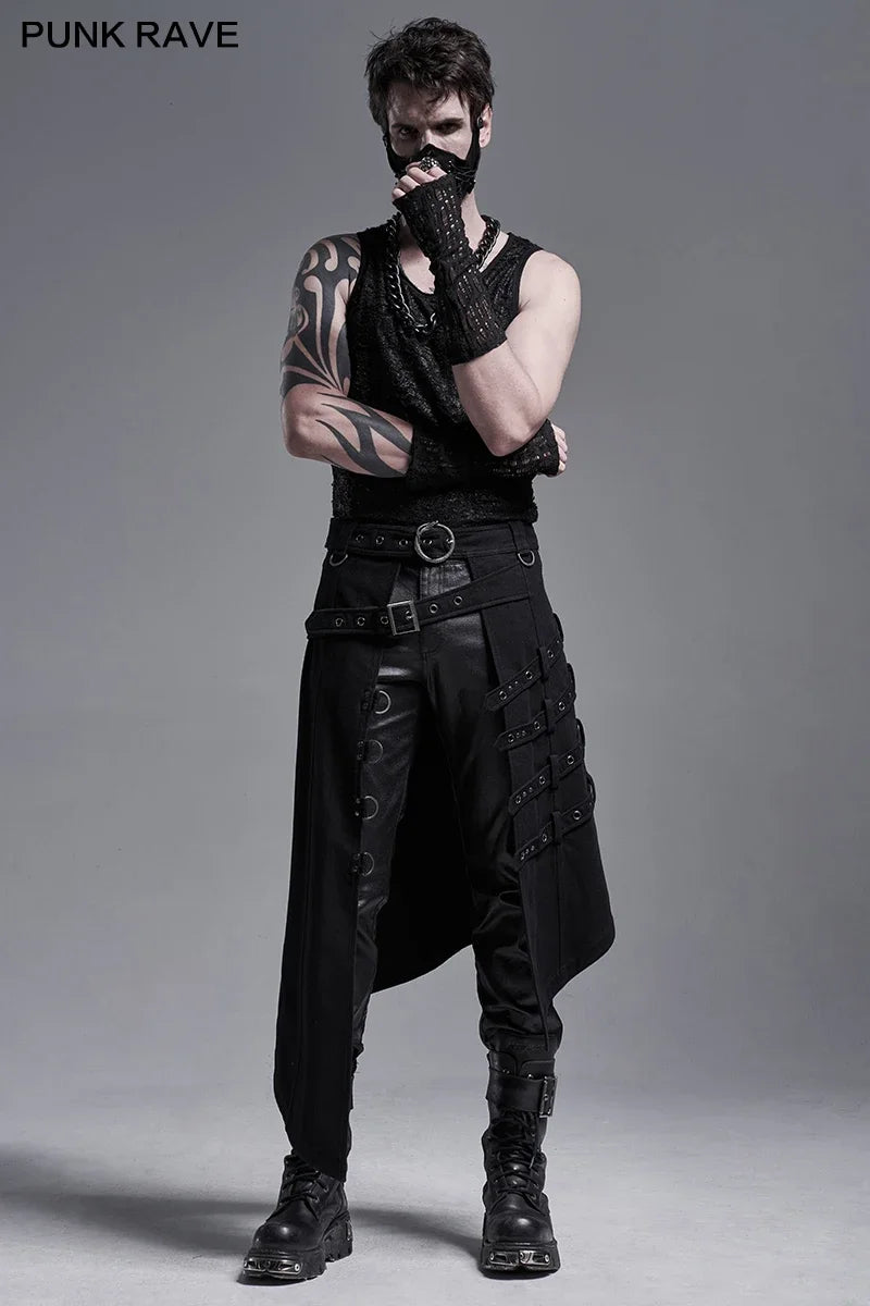 PUNK RAVE Men's Punk Japanese-style Asymmetry Long Skirt Halloween Stage Performance Costume Asymmetrical Overskirt