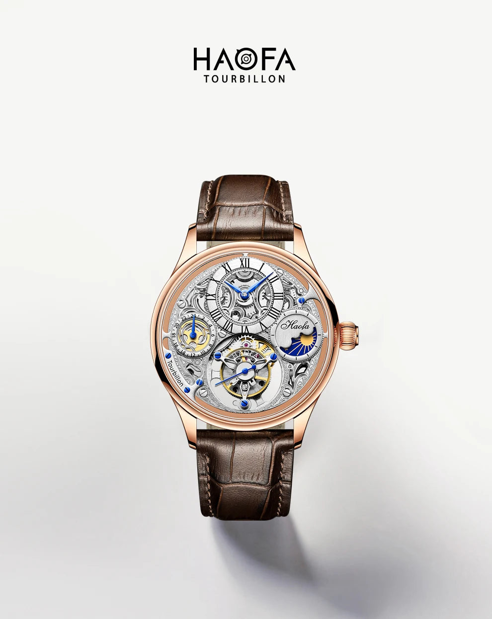 Haofa GMT Flying Tourbillon Mechanical Man Watch Skeleton Tourbillon Movement Luxury Moon Phase Watches for man Hollow 1035