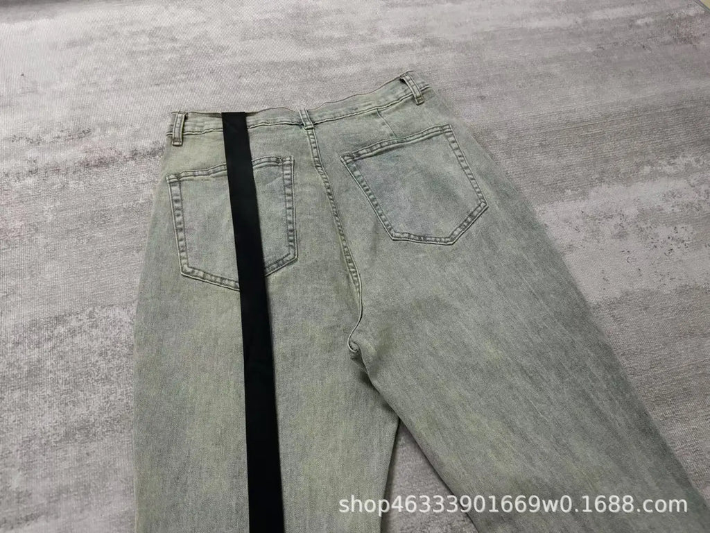 Rick RO Vintage Washed Wide Leg Skinny Jeans with Built-Up Floor-Length and Distressed Details and Cat-Fur Style Denim Pants