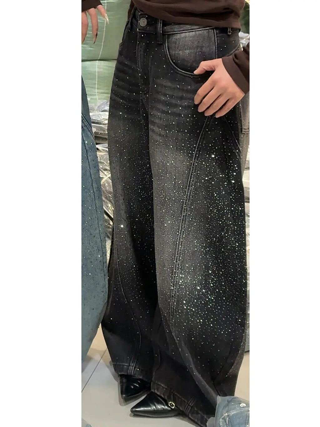 Glittering Rhinestone Denim Pants for Women's New Wide Leg Design Jeans Sensation Floor-Length Pants Loose Jeans