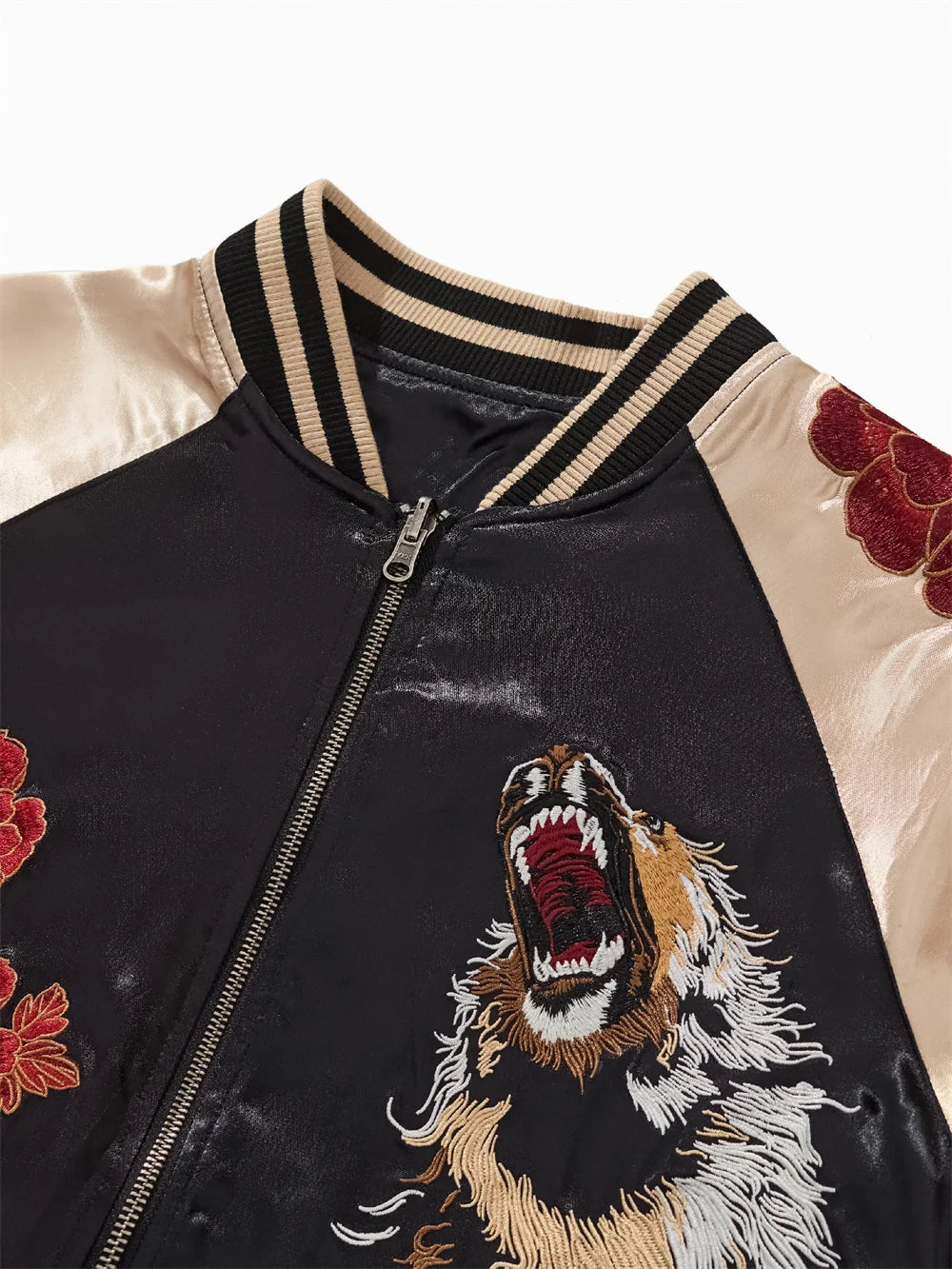 Fashion Anime Lion Flower Embroidered Zipper Jacket Streetwear Hip Hop Men's Harajuku Japanese Baseball Coat Bomber Jacket