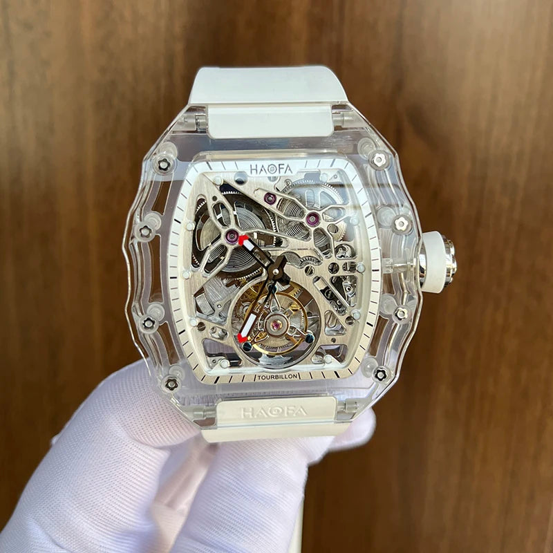 Haofa Automatic Tourbillon Skeleton Man watch Luxury Self Wind Flying Mechanical Tourbillon K9 Crystal Watches for man 2201