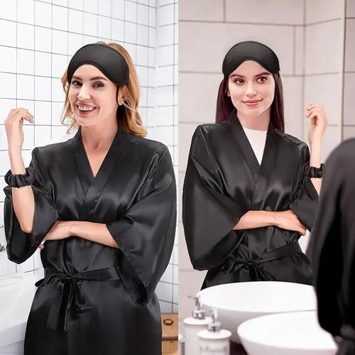 12 Pack Satin Women Robes Kimono Robe Bulk with Sleeping Mask and Hair Tie Sets Silky Bathrobes for Birthday Wedding Party