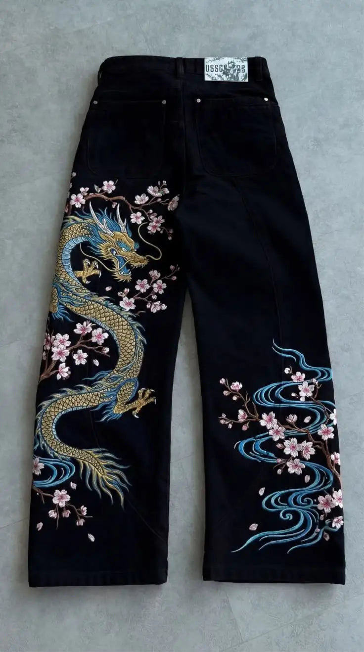 New Retro Black Denim Wide Leg Pants Mens and Womens Gold Dragon Embroidered Y2K Street Hip Hop Oversized Loose Trendy Jeans