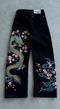 New Retro Black Denim Wide Leg Pants Mens and Womens Gold Dragon Embroidered Y2K Street Hip Hop Oversized Loose Trendy Jeans