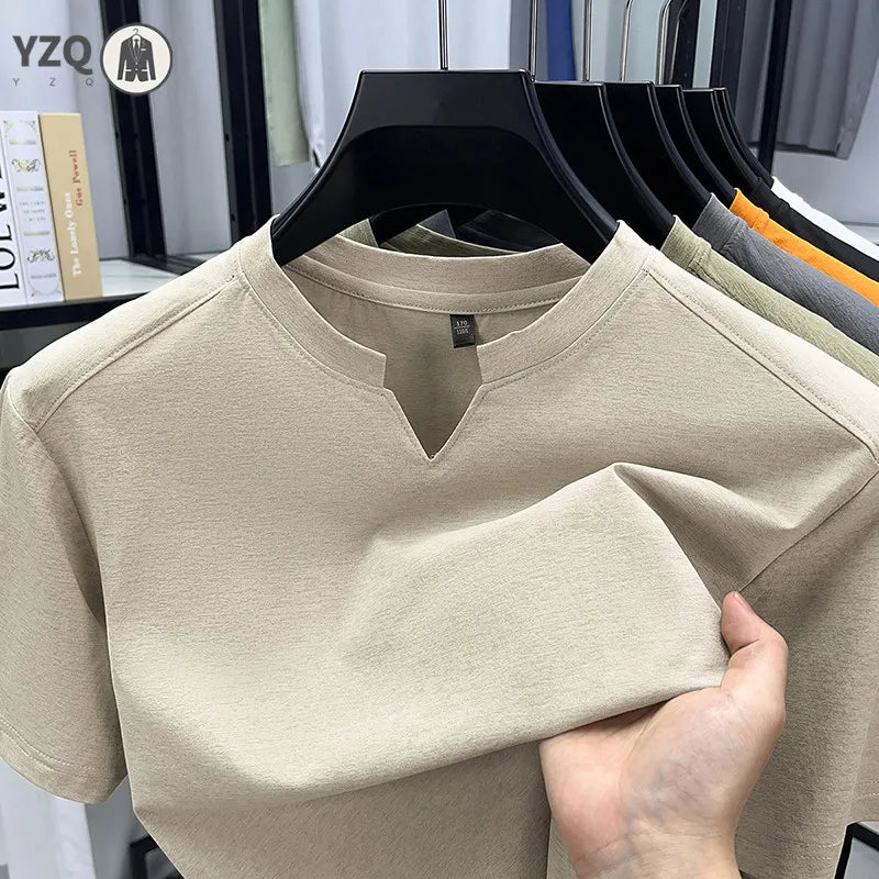 Korean Men's Short Sleeve V-Neck T-Shirt Solid Color Casual Fashion Comfortable Summer Versatile Solid Top