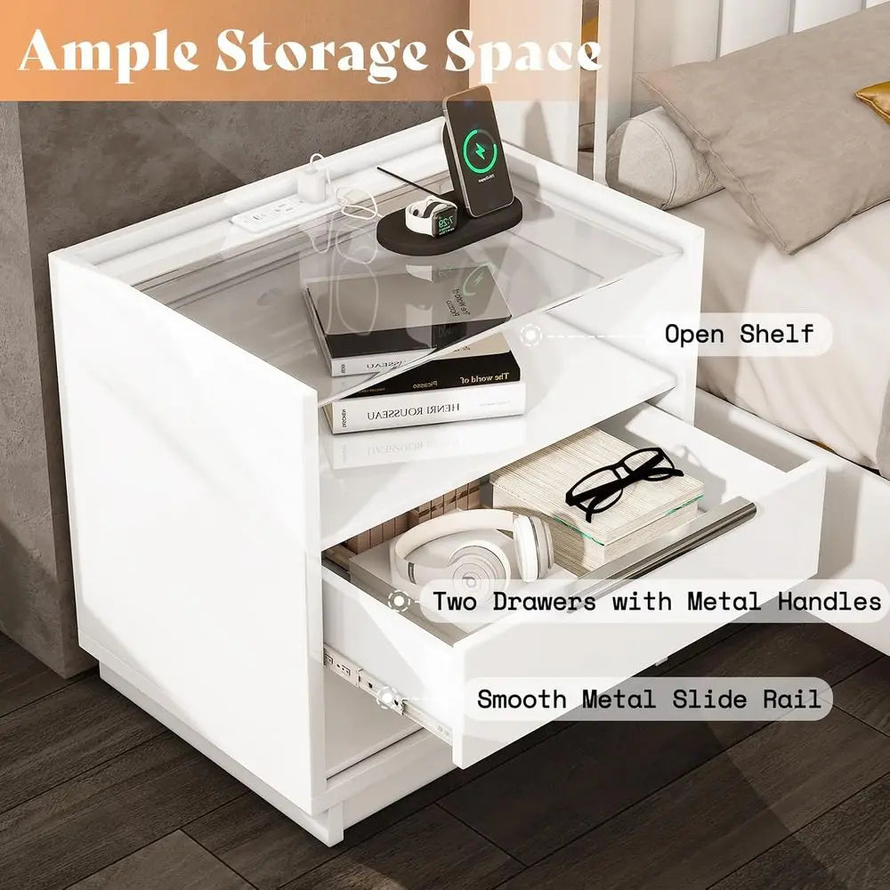3-Piece High Gloss White Bedroom Set with LED Dresser, 8-Drawer Storage, 2 Charging Nightstands