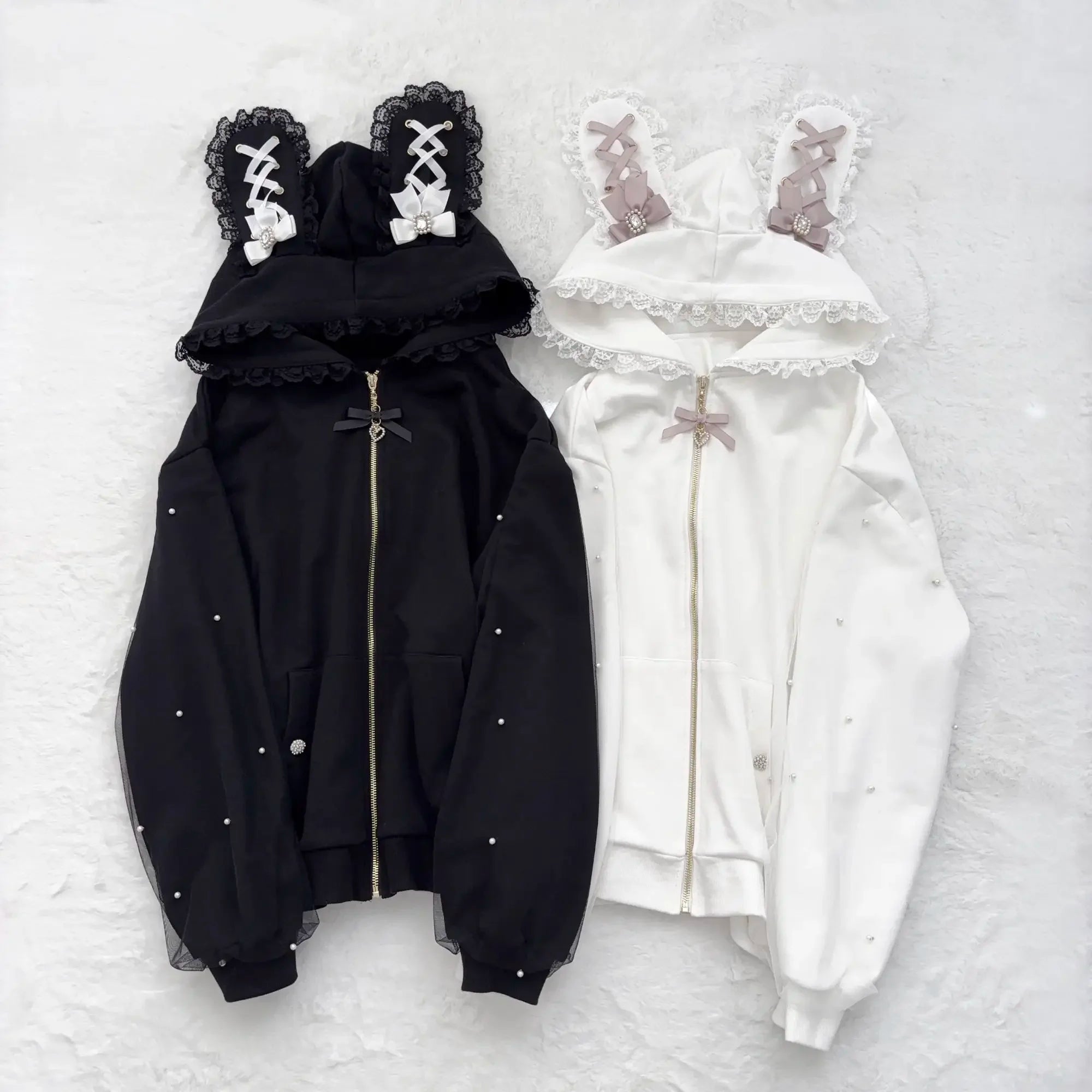 Japanese Pearl Gauze Patchwork Coats Women Y2k Aesthetic Lace Rabbit's Ears Jackets Casual Oversized Harajuku Kawaii Hoodies Top