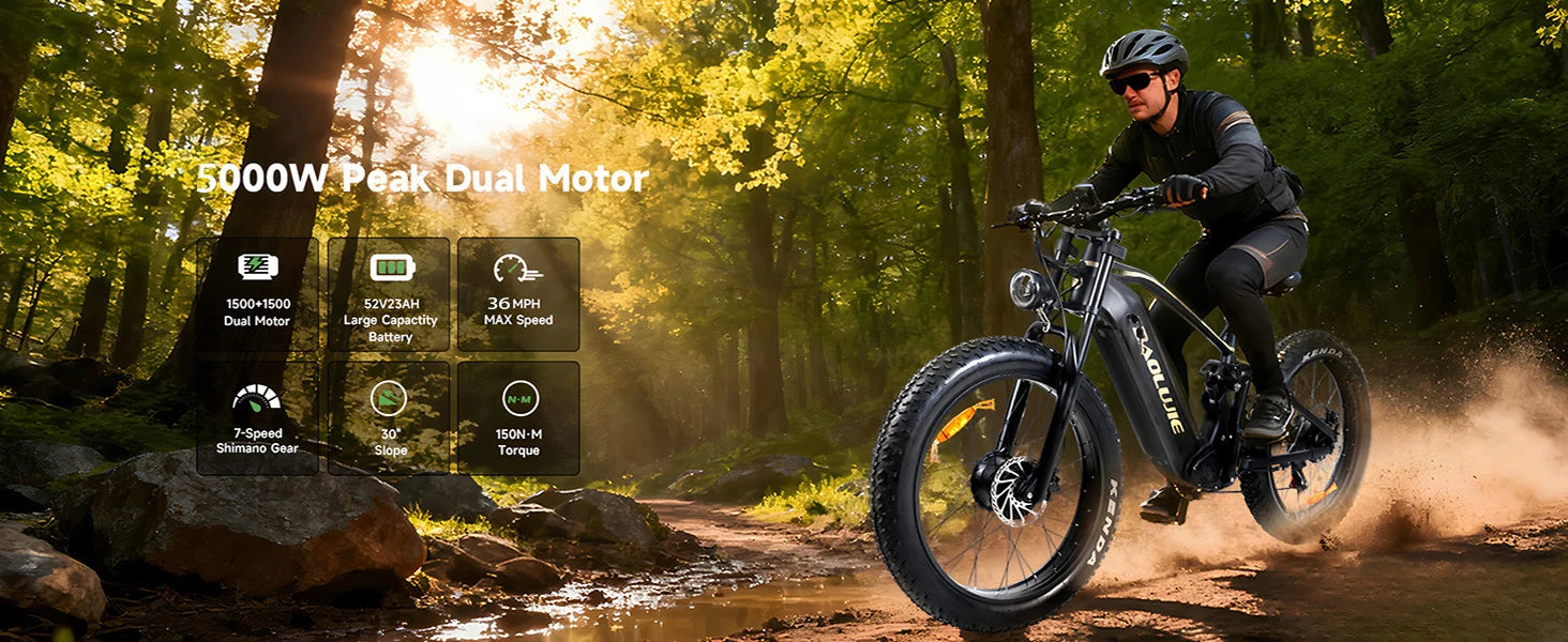 BAOLUJIE Peak 5000W Electric Bicycle Motor Electric Bike 26*4 Inches Tire Mountain E-bike 52V 23Ah Battery 36MPH Full Suspension