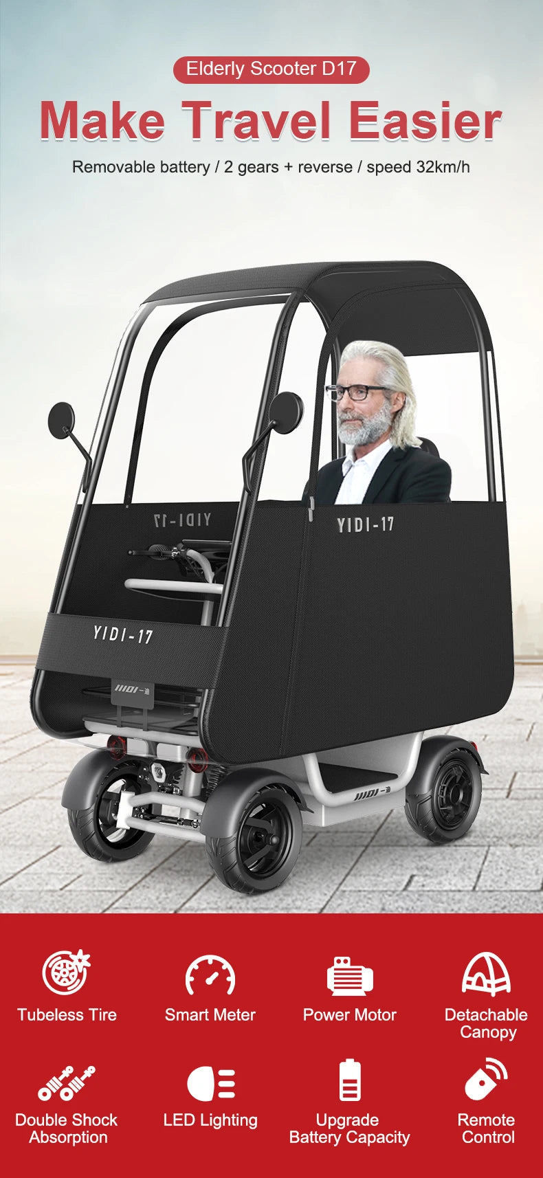 Travel Sunshade 4 Wheels 48V 1000W Wide Seat Reverse Gear Mobility Disabled Handicapped Elderly Electric Scooter For Seniors