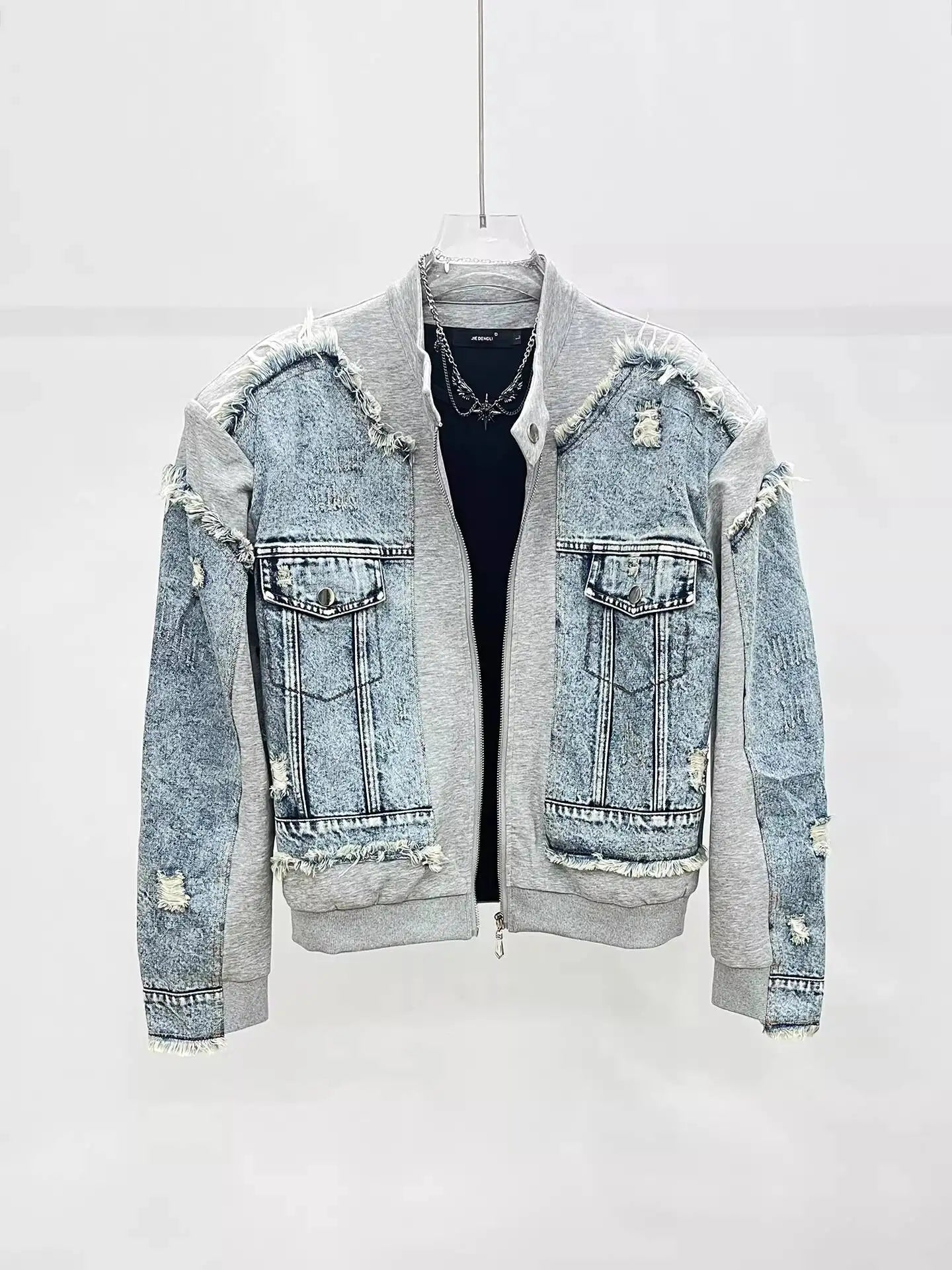 HKSH Spring Autumn New Men Trend Ripped Frayed Denim Patchwork Jacket Elastic Waist Wide-Leg Pants Fashion Two-Piece Set HK16899