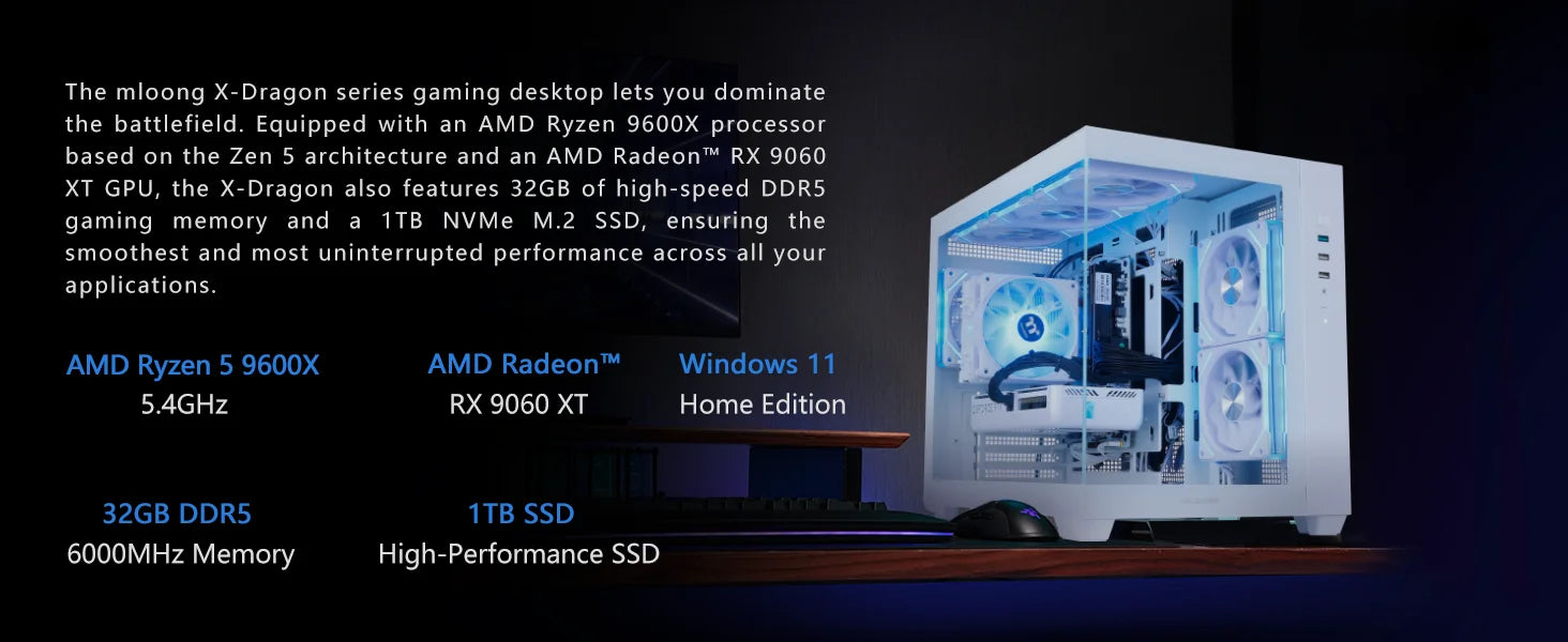 Mloong Gaming PC Desktops AMD Ryzen 5 9600X, Radeon RX 9060XT 8GB, 1TB SSD, 32GB DDR5 RAM, 650W, Win11, WiFi, Black