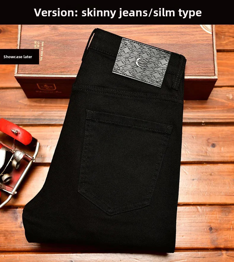 High end high street ripped patch design black jeans for men in autumn, slim fit American style trendy pants with small feet