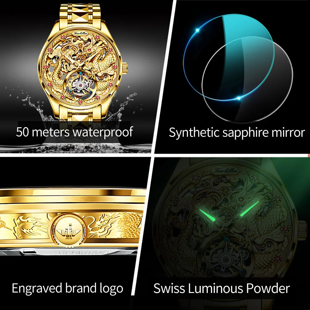 100% Golden Dragon OUPINKE 3176 True Tourbillon Watch Brand Luxury Tungsten Steel Men Automatic Mechanical Watch Reloj Hombre
