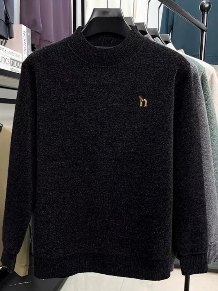 High quality warm plush knitted men pullover luxury brand comfort round neck Korean style fashion cartoon dog embroidery sweater