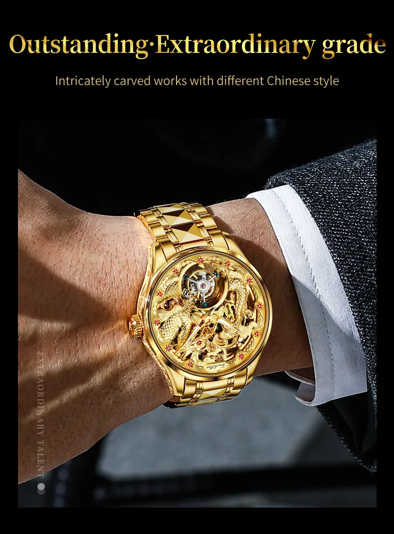 OUPINKE 3176 Gold Dragon Watch Tourbillon Automatic Watches for Man Fashion Skeleton Mechanical Mens Wristwatch Luxury Man Watch