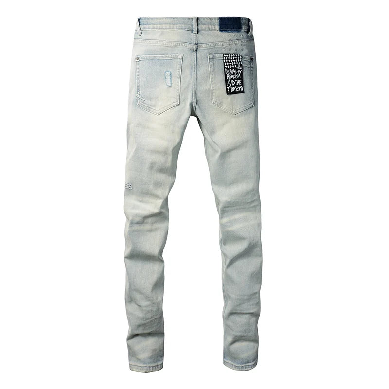 Men's High Street Distressed Light Indigo Stretch Skinny Button Fly Ripped Jeans Pants